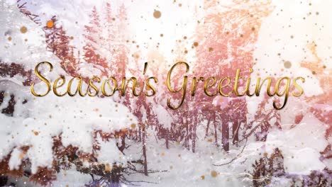 Animation-Von-Schnee,-Der-über-Weihnachtsgrüße-In-Der-Winterlandschaft-Fällt