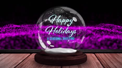 Animation-of-snow-globe-with-christmas-text-and-snow-falling-on-purple-background