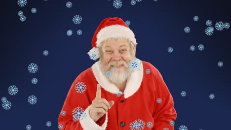 Animation-Des-Lächelnden-Weihnachtsmanns-Mit-Schnee,-Der-Auf-Blauen-Hintergrund-Fällt