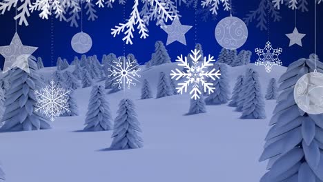 Animation-of-snow-falling-over-christmas-decoration-and-fir-trees-in-winter-landscape