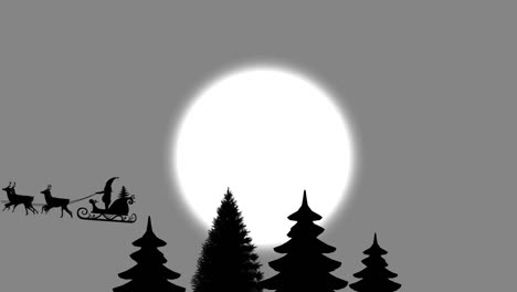 Animation-Des-Weihnachtsmanns-Im-Schlitten-Mit-Rentieren-über-Schnee,-Der-Auf-Grauen-Hintergrund-Fällt