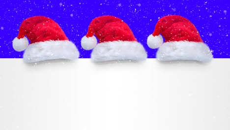 Animation-of-three-santa-hats-and-white-card-with-copy-space-over-snow-falling-on-blue-background