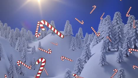 Animation-of-candy-canes-falling-over-fir-trees-in-winter-landscape