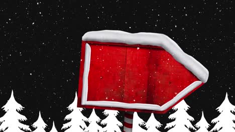 Animation-Von-Schnee,-Der-über-Ein-Rotes-Holzbrett-Fällt,-Mit-Kopierraum-Und-Tannenbäumen-In-Einer-Winterlandschaft