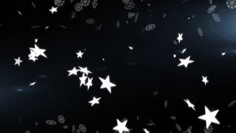 Animation-Von-Sternen-Und-Schneeflocken,-Die-Auf-Schwarzen-Hintergrund-Fallen