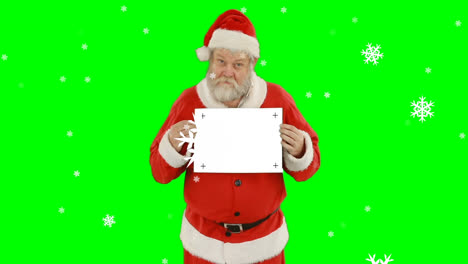 Animation-of-santa-claus-holding-white-sign-with-copy-space-over-green-screen-background