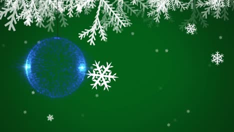 Animation-of-snowflakes-and-christmas-bauble-on-green-background