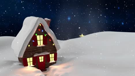 Animation-of-snow-falling-over-house-decorated-with-christmas-fairy-lights-and-winter-landscape