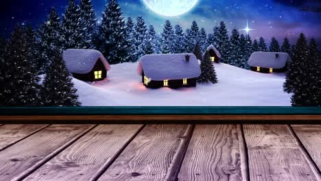 Animation-Von-Schnee,-Der-über-Häuser-In-Einer-Winterlandschaft-Fällt-Und-Durch-Das-Fenster-Gesehen-Wird