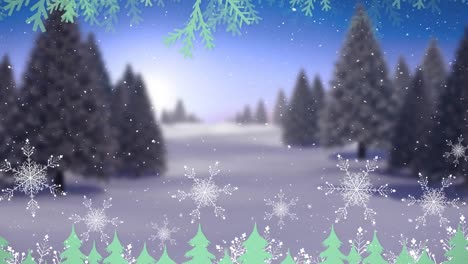 Animation-Von-Schnee,-Der-Auf-Bäume-In-Einer-Winterlandschaft-Fällt