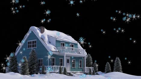 Animation-of-snow-falling-over-house-in-night-winter-landscape
