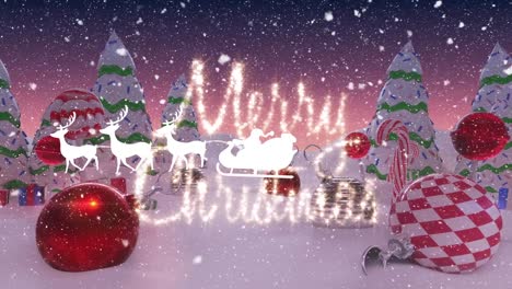 Animation-of-christmas-greetings-over-santa-claus-in-sleigh-with-reindeer-and-snow-falling