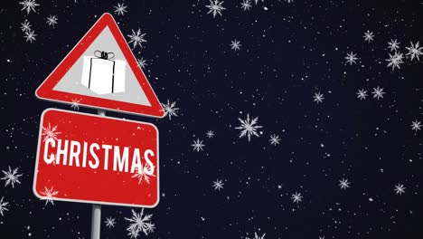 Animation-of-snow-falling-and-christmas-present-sign-on-black-background
