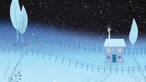 Animation-Von-Schnee,-Der-über-Haus-Und-Winterlandschaft-Fällt