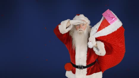 Animation-of-santa-claus-carrying-sack-with-presents,-red-spots-falling-over-blue-background
