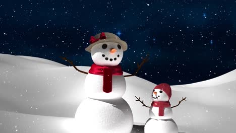 Animation-of-snow-falling-over-two-snowmen-and-winter-landscape