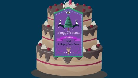 Animation-of-christmas-greetings-on-tag,-on-cake-on-navy-background