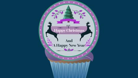 Animation-of-christmas-greetings-on-tag-over-cupcake-on-navy-background