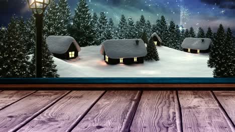 Animation-Von-Schnee,-Der-über-Häuser-In-Einer-Winterlandschaft-Fällt-Und-Durch-Das-Fenster-Gesehen-Wird