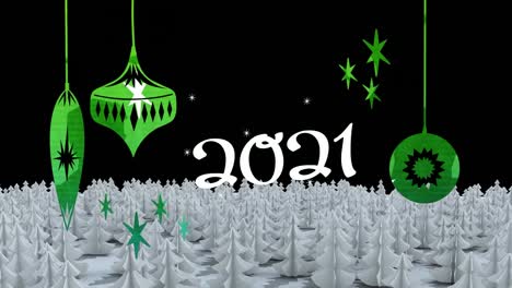 Animation-Von-2021-über-Weihnachtskugeldekorationen-Und-Bäumen-Auf-Schwarzem-Hintergrund