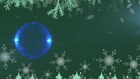 Animation-of-christmas-bauble-and-snow-falling-on-green-background