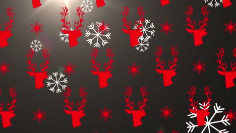 Animation-of-snowflakes-falling-over-red-reindeer-texture-on-brown-background