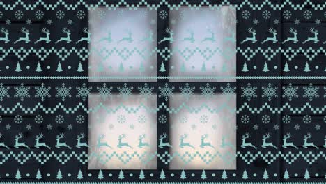 Animation-of-christmas-pattern-with-winter-scenery-seen-through-window