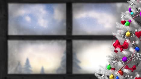 Animation-of-snow-falling-and-christmas-tree-with-winter-scenery-seen-through-window