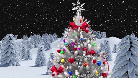 Animation-Von-Schnee,-Der-über-Weihnachtsbaum-Und-Tannenbäume-Und-Winterlandschaft-Fällt