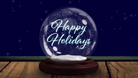 Animation-Einer-Schneekugel-Mit-Weihnachtstext-Und-Schnee,-Der-Auf-Blauen-Hintergrund-Fällt