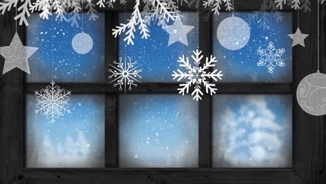 Animation-Von-Schneefall-Und-Weihnachtsdekoration-Mit-Winterlandschaft,-Die-Durch-Das-Fenster-Gesehen-Wird