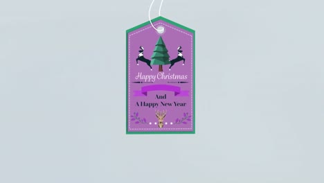 Animation-of-christmas-greetings-on-tag-on-grey-background