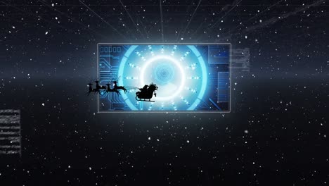 Animation-of-santa-claus-in-sleigh-with-reindeer-over-data-processing-on-screens