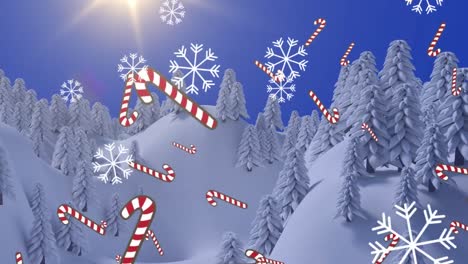 Animation-of-snow-and-candy-canes-falling-over-fir-trees-in-winter-landscape