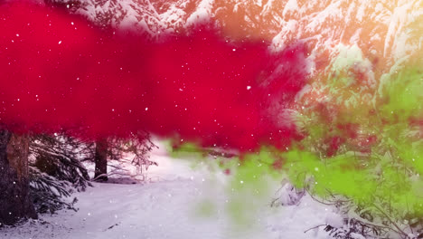 Animation-of-red-and-green-powder-over-winter-forest-and-snow-falling
