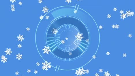 Animation-of-snow-falling-over-clock-on-blue-background