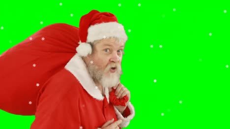 Animation-of-santa-claus-with-finger-on-lips-carrying-sack-over-green-screen-background