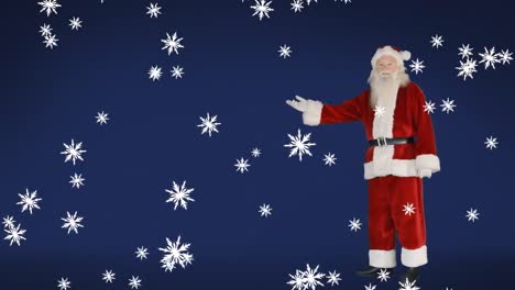 Animation-of-santa-claus-gesturing-with-snow-falling-over-blue-background