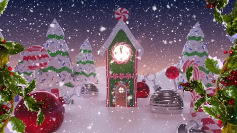 Animation-of-snow-falling-over-clock-and-christmas-decoration
