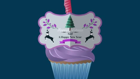 Animation-of-christmas-greetings-on-tag-over-cupcake-on-navy-background