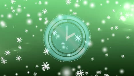 Animation-of-snow-falling-over-clock-on-green-background