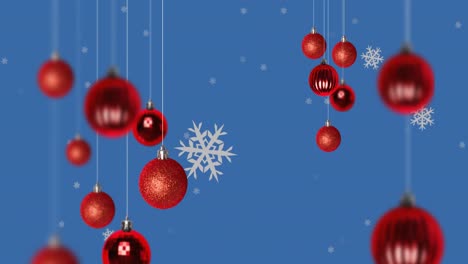 Animation-of-snowflakes-falling-over-christmas-baubles-on-blue-background