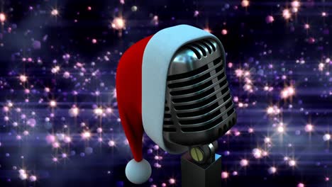 Animation-of-glowing-purple-lights-over-microphone-with-christmas-hat-on-dark-background