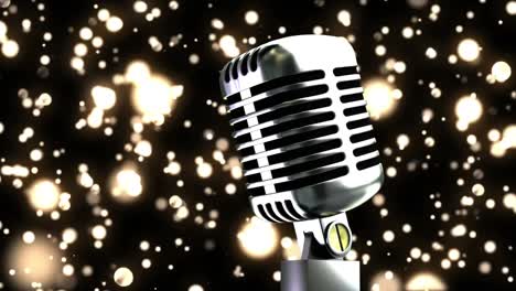 Animation-of-flying-glowing-gold-lights-over-microphone-on-dark-background