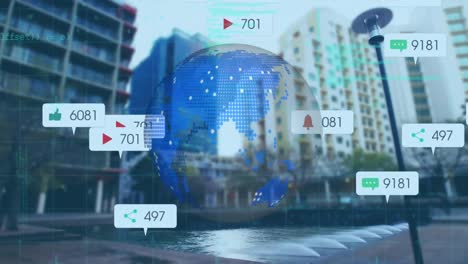 Animation-Von-Globus--Und-Social-Media-Symbolen-über-Dem-Stadtbild