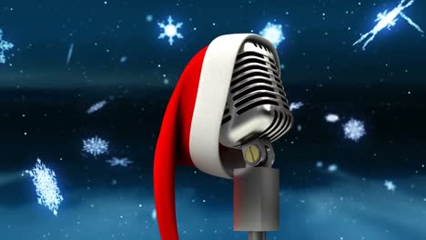 Animación-De-Nieve-Cayendo-Sobre-Un-Micrófono-Con-Sombrero-De-Navidad-Sobre-Fondo-Oscuro