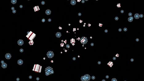 Animation-of-christmas-gifts-and-snow-falling-over-black-background