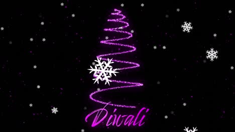 Animation-Von-Schnee,-Der-über-Weihnachtliche-Neondekoration-Und-Diwali-Text-Auf-Schwarzem-Hintergrund-Fällt