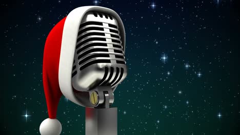 Animation-of-stars-falling-over-microphone-with-christmas-hat-on-dark-background