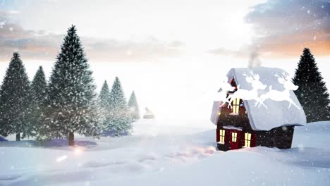 Animación-De-Santa-Claus-En-Trineo-Con-Renos-Sobre-La-Nieve-Cayendo-En-Un-Paisaje-Invernal